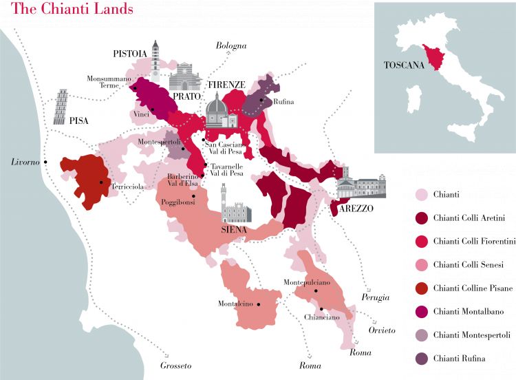 La cartina mostra la vastità dell'estensione del Chianti Docg
