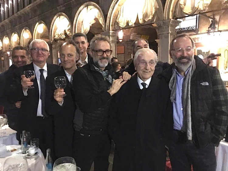 A souvenir photo with great Italian chefs and restaurateurs, at the meeting of association Les Grandes Tables du Monde on the 17th October 2016 in Venice. Left to right Giancarlo Perbellini, Antonio Santini, Moreno Cedroni, Alberto Santini, Massimo Bottura, Gualtiero Marchesi (hiding Raffaele Alajmo) and Norbert Niederkofler
