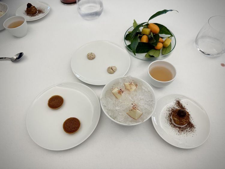 Piccola Pasticceria: mela annurca e peperoncino messicano, consommé di mela e cardamomo nero (buonissimo), tartelletta di nespole invernali e pan di zenzero, Brutti ma buoni alla nocciola di Giffoni, gelatina di Kumquat e semi di coriandolo, bignè al tiramisù 

