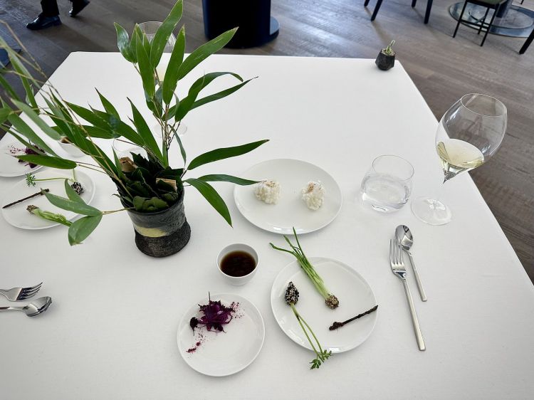 Un ottimo inizio con i Canapé: Cavolo cappuccio viola marinato, Verdure umami (carota baby e gomasio; asparagi selvatici e furikake campano con polvere di pomodoro, capperi e alici; puntarella e za’atar), consommé di funghi, Mantecato Mediterraneo (cracker, erbe della macchia mediterranea, mantecato di teste di pesce), Doppio Maiale (cotenna soffiata e guanciale di maiale nero casertano)
