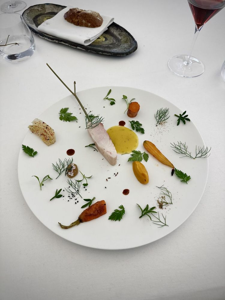 Dentice e Ombrellifere: il pesce viene posto in testa al piatto e circondato da finocchio, cotto nella sua acqua, carota arrostita e affumicata, salsa di carota, con aneto e parti di recupero del pesce, cumino, coriandolo, finocchietto marino e di terra, semi di sedano, anice. Il tutto mira a dare varie sfumature e consistenze, come un trattato botanico edibile
