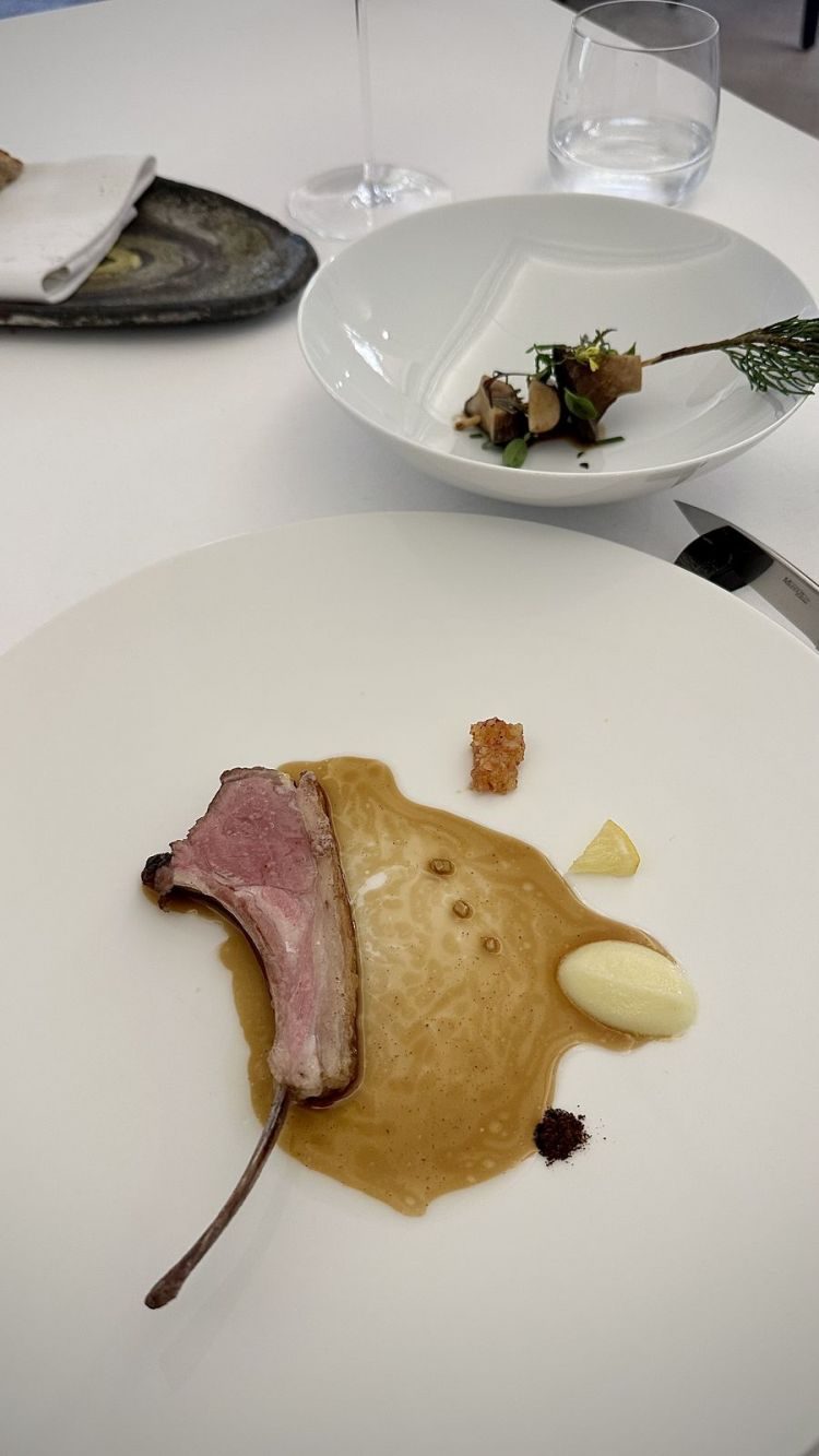 Agnello Laticauda, locale (proviene da Ginestra degli Schiavoni, tra Avellino e Benevento): carrè cotto espresso in padella e nappato al burro, servito con varie declinazioni di agrumi: lemon kosho (limone al sale e peperoncino), spicchio di limone candito a freddo, mousseline di cedro, polvere limone bruciato, jus d’agneau tranché (fondo di agnello tagliato col proprio grasso). In accompagnamento, un Cardoncello glassato col fondo di agnello e affumicato alle erbe raccolte in proprio (esso genera un boccone imperdibile, se unito al lemon kosho)
