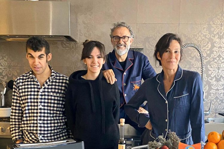 The Bottura family in their home kitchen, hosting Kitchen Quarantine, live each night at 8 pm CET. With the chef, left, children Charlie and Alexa and wife Lara Gilmore (photo Fine Dining Lovers)
