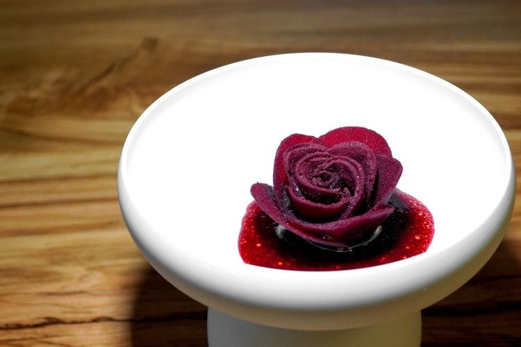 Hibiscus and beetroot: powdered hibiscus, petals of beetroot, vinaigrette of beetroot and hibiscus, cooked wrapped in salt, beef carpaccio
