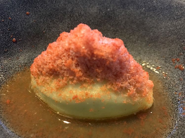 Mojito, sorbetto di mela verde e testa di gambero rosso, dessert dell'inverno 2019 al Tiglio in vita a Porto Recanati
