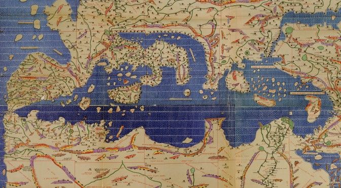 La carta del Mediterraneo disegnata dal geografo arabo Al Idrisi nel 1154 per Ruggero II di Sicilia. Viene anche detta appunto la Tabula rogeriana, Al Idrisi era probabilmente tra i pochissimi in grado, nel XII secolo, di affrontare una simile impresa. Dalla Sicilia l'autore e il suo re guardano verso Sud, mettendolo in alto e rovesciando quindi la nostra tradizionale visione del mare (noi l'abbiamo a nostra volta rovesciata per comodità). Interessante anche notare come la carta sia molto meno precisa di quella di Tolomeo, a conferma di quanto si fosse perso in conoscenze scientifiche e metodologiche nel corso dei secoli
