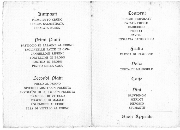 Un menu de Agli Amici del 1976
