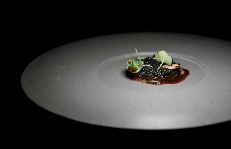 Metamorfosi del calamaro (omaggio ad Alda Merini): calamaro laccato col suo inchiostro, polvere di carpaccio di bufala, perle di tartufo nero, nasturzio, fondo di vitello e olio piccante. Grande piatto