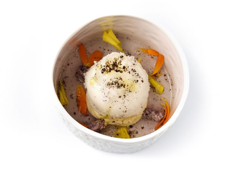 Mi sento citrico: sorbetto di limone di Sicilia con fecce del sake (per la parte alcolica e parte lattica), crema di limone con burro, sommacco, peperoncino, artemisia, achillea, geranio, olio di assenzio. Predessert sofisticato e complesso, che gioca su una varietà di sapori e consistenze. L'acidità vivace del limone si combina precisamente con la dolcezza della crema di limone e la leggera alcolicità delle fecce del sake, mentre le note speziate e amare delle erbe e spezie aggiungono profondità e contrasto. Ogni boccone è una scoperta sensoriale, che offre un equilibrio tra freschezza, dolcezza, acidità e calore speziato