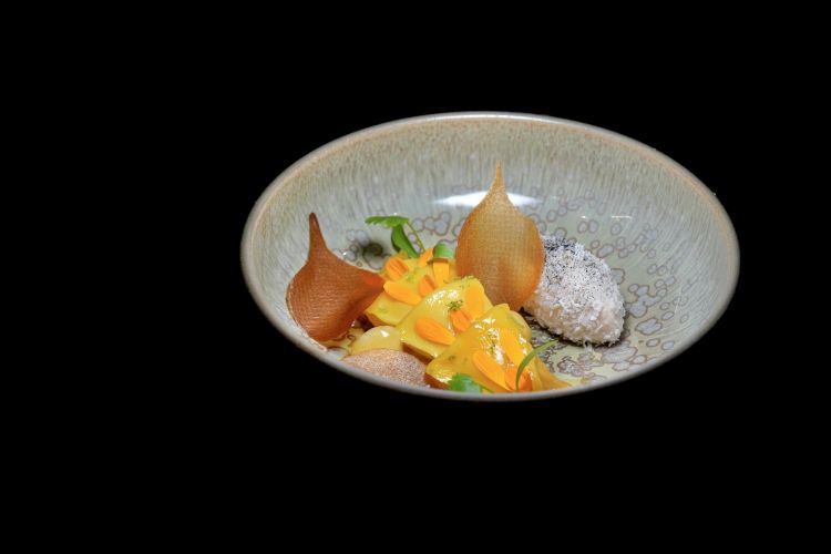 Thai-Siam: palet di mango confit impregnato al passion fruit e banana, guimauve, acqua di cocco e sticky rice
