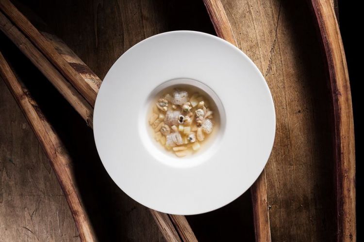 E il suo piatto: Minestra tiepida di frutti di mare, canocchie, cavatelli e patate