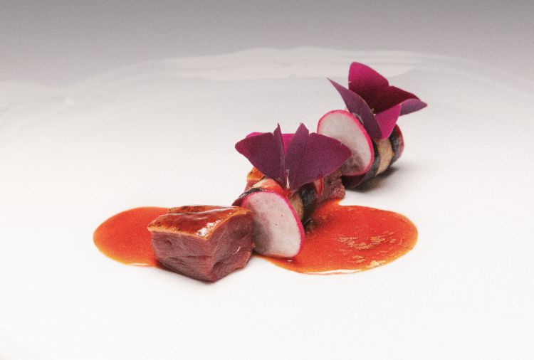 Montaggio: anatra e terrina di p&acirc;t&eacute; della sua&nbsp;coscia con cipollotto e marasche, accompagnate da una salsa al rabarbaro, bitter e aceto di viole
