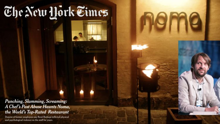 La foto d'apertura del The New York Times con l'inchiesta sul< Noma, che ha travolto Ren&eacute; Redzepi (nel riquadro)
