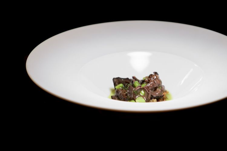 Cetriolo di mare con piselli, midollo di manzo e prezzemolo: ci si sposta in Francia, nella baia di Saint-Tropez, dove opera Olivier Bardoux, il pescatore di Alain Ducasse. Fornisce anche il Nove, e in particolare qui fornisce il cetriolo di mare, poi cotto per cinque ore in olio, sale e pepe e infine marinato con brodo di pollo, prezzemolo e peperoncino d&rsquo;Espelette. Alla base pane panko fritto con il midollo e, a completare, una salsa di piselli
