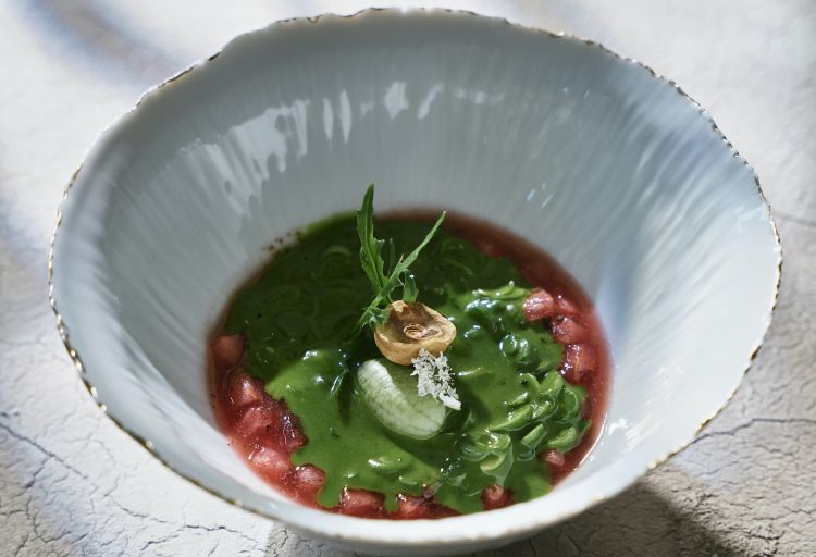 Orzotto, frutti e germogli - Secondo capolavoro: &laquo;In Slovenia non viene coltivato il riso. Quindi abbiamo preso il cereale pi&ugrave; diffuso, l'orzo, e lo siamo andati a cucinare come se fosse un risotto&nbsp;andando a combinare gli ultimi frutti dell'inverno e i primi della primavera. Alla base abbiamo rucola selvatica, bellissimi asparagi che ha portato chef Ana giusto questo pomeriggio dall'Istria, tartufo pure istriano, kiwi. Il tutto con&nbsp;olio di pepe di Timut&raquo;. Anche in questo caso, la foto si riferisce a una versione dello stesso piatto declinata in modo diverso, a seconda della stagione
