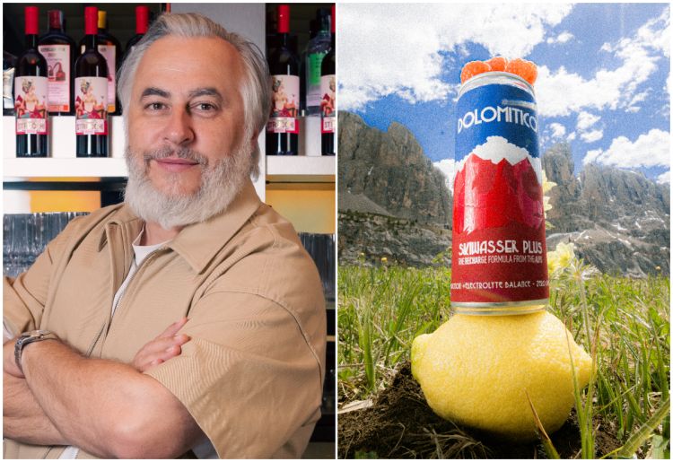 Paolo Dalla Mora e, a destra, una lattina di Dolom