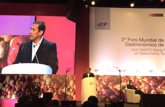 Ollanta Humala, presidente della repubblica del Perù in scadenza di mandato, mentre inaugura a Lima il forum mondiale sul turismo gastronomico
