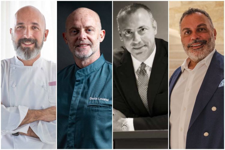Da sinistra Andrea Ribaldone, consulente ristoratore; Denis Lovatel, imprenditore della ristorazione e fondatore di Denis; Paolo Rovelli, direttore commerciale di Julius Meinl Italia; Vito Spalluto, managing director 7Pines Sardinia Destination by Hyatt, in Costa Smeralda&nbsp;
