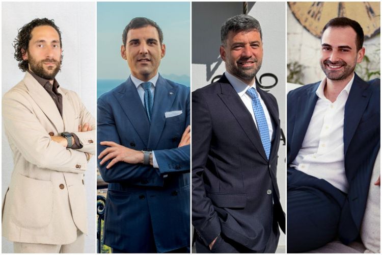 Da sinistra Biagio Spagnuolo, general manager del Sant&rsquo;Angelo, Matera e Sant&rsquo;Angelo, Ostuni e ceo del gruppo Bema; Giovanni Torre Avallone, ma&icirc;tre de maison e chief experience officer del Grand Hotel Parker&rsquo;s di Napoli; Francesco Monti, co-owner dell&rsquo;Hotel Mediterraneo di Sorrento; e Gianvito Mangano, owner di Canne Bianche Lifestyle Hotel
