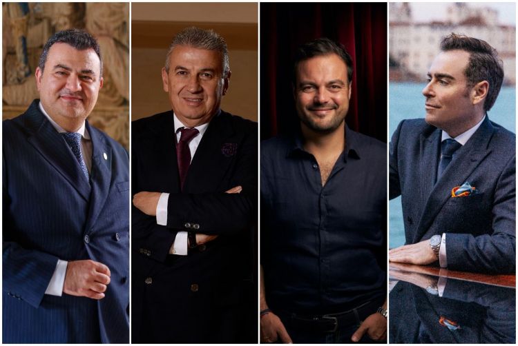 Da sinistra Bartolomeo Fusco, general manager di Orient Express Venice con executive chef Heinz Beck; Claudio Ceccherelli, director of operations Le Graal;  Christian Zandonella, general manager del Danieli,&nbsp;A Four Seasons Hotel, Venice,&nbsp;e&nbsp;&Eacute;tienne Petitpez, general manager del nuovo Airelles Palladio Venezia
