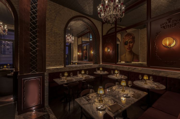 Uno scorcio della sala del ristorante Campocori in stile New York anni Trenta, ideata dal designer sudafricano Tristan Du Plessis. Foto di Giulia Venanzi