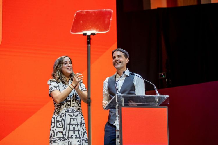 Pia Leon and Virgilio Martinez on stage at the 50Best 2023. They won on the 20th June in Valencia. Photo David Holbrook
