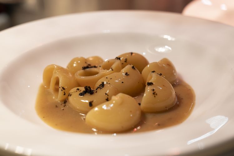 Lumache di granoduro Senatore Cappelli, sugo d'arrosto di canocchia, schiuma di mare, polvere di foglie di limone
