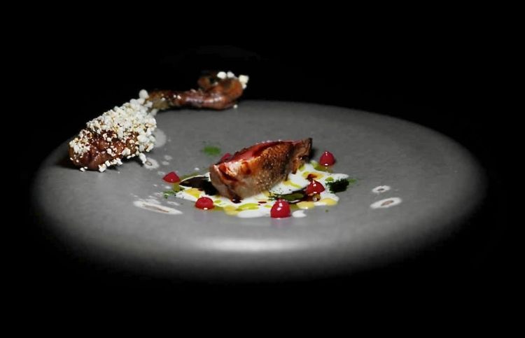 Piccione e plancton, primo passaggio: il petto di piccione arrostito con salsa norvegese, olio al plancton, gel di lamponi e fondo di piccione ristretto; poi la coscia passata nella polvere di pop corn