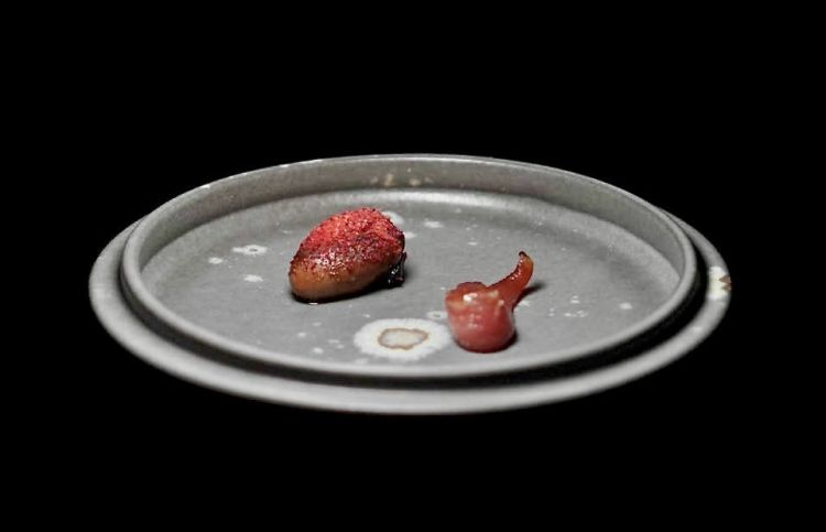 Piccione e plancton, secondo passaggio: il cuore di piccione con gel e polvere di lamponi, il filetto di piccione marinato al plancton