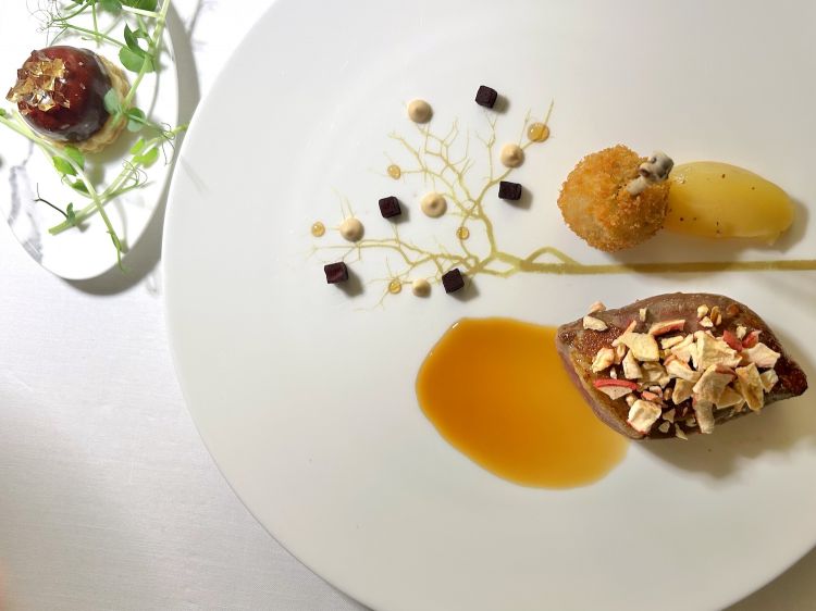 Dopo Senza spine (un carciofo di Menfi con crema di carciofi, uovo poché, chips di topinambur, tartufo nero e fonduta di formaggi siciliani, buono ma non andava bene, il carciofo troppo tenace) ecco un altro grandissimo piatto, al pari di Fermento di cui abbiamo detto sopra: è Piccione viaggiatore, ossia piccione francese Mieral – il petto scottato e accompagnato da mela disidratata, la coscetta avvolta da pasta sfoglia e farcita con le parti meno nobili del piccione, pangrattato e formaggio, poi una crocchetta di ritagli impanata nel panko, infine un parfait di fegato di piccione glassato al Porto con gel di Ben Ryé – quindi crema di mela cotogna, mela cotogna al vino rosso, purea di pinoli, chinotto, fondo di piccione