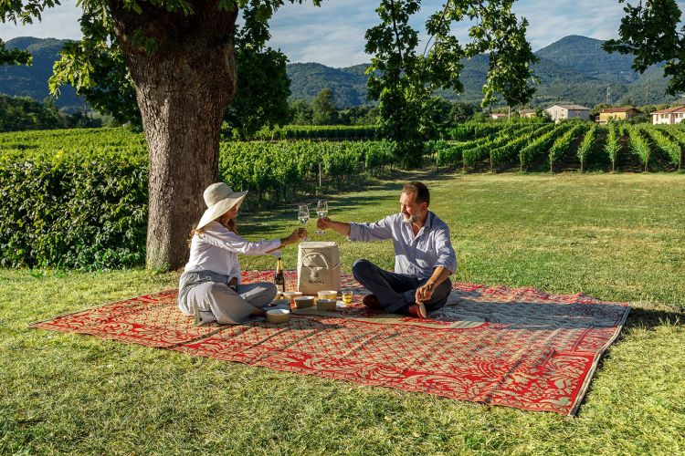 Lucia e Giulio Barzanò fanno un picnic tra le vigne di Mosnel in Franciacorta