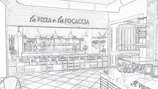 Some sketches of the food counters that will be scattered around Il Mercato del Duomo