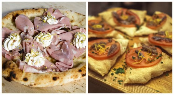 La Viandante (una schiacciata con mortadella, ricotta di bufala campana, pistacchi e bucce di limone) e la Sensazioni di Costiera (una golosa pizza fritta con pomodoro cuore di bue fresco, alici di Cetara, aglio disidratato e zest di limoni di Amalfi): due pizze nata dalla stretta collaborazione tra Pepe e Di Costanzo