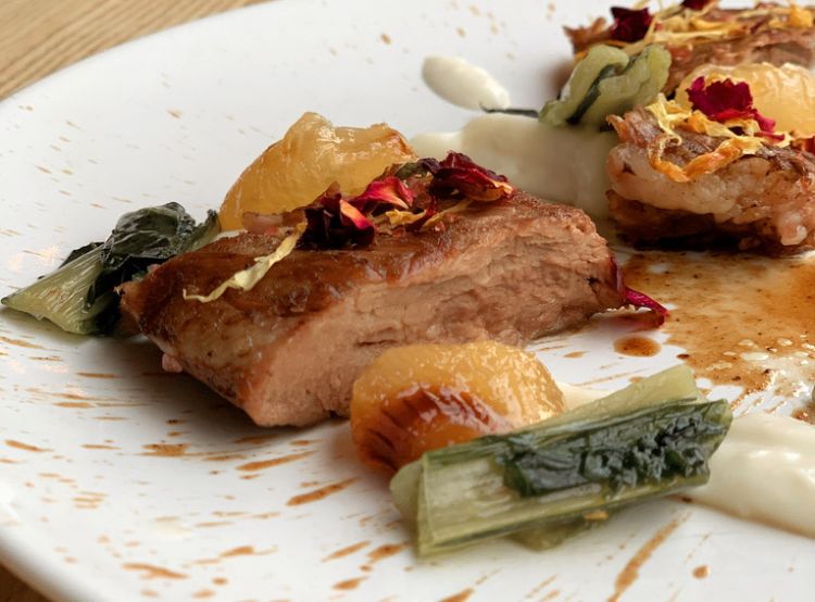 Pluma di maialino iberico, crema di mandorle, cipolline in agrodolce e catalogna dell'orto