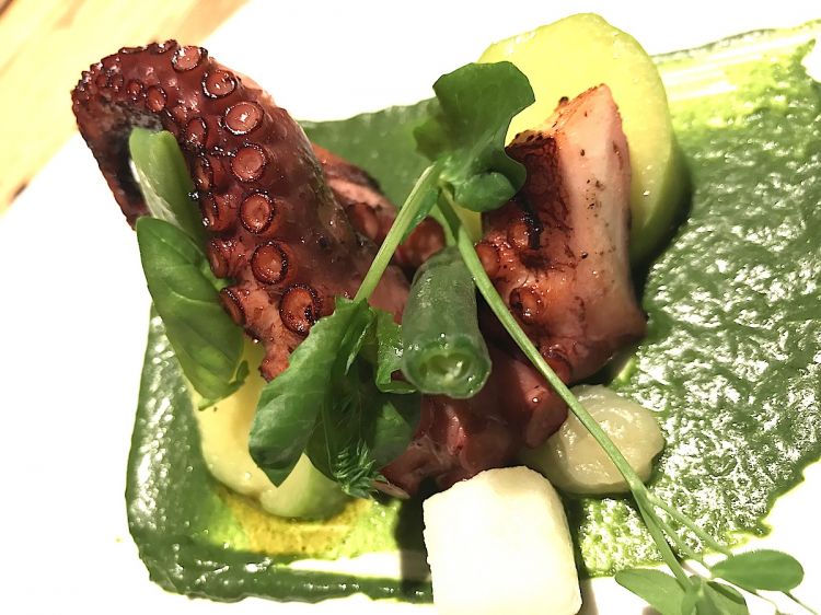 Polp Fiction, another dish by Viviana Varese: roasted octopus with French beans, taccole, potatoes, trombetta courgettes, compote of citron and light pesto 

