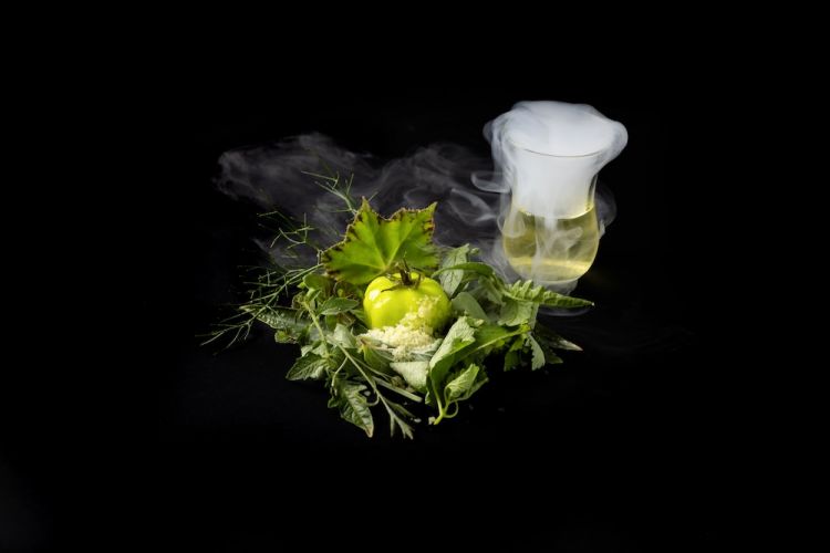 Ricotta mustia, granita di semi e mirin, erbe spontanee e consommè di Bloody Mary cryo