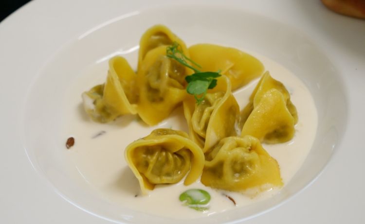 Tortelli filled with stewed rabbit, coconut and broad beans, by Cristina Bowerman
