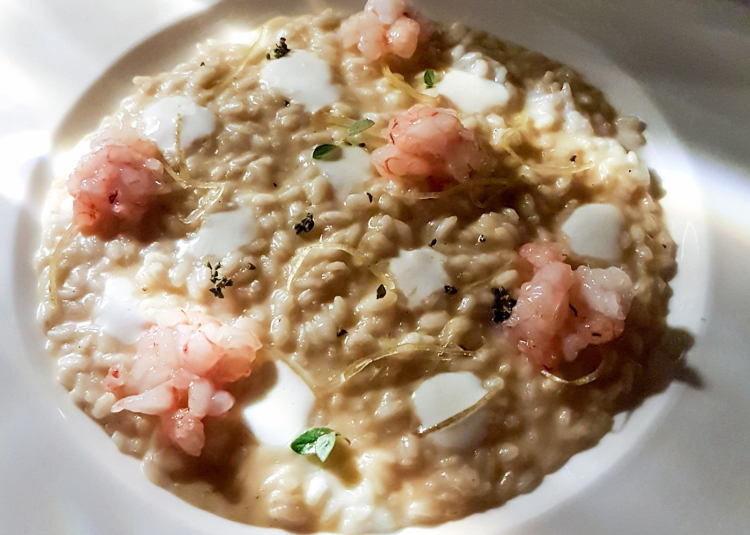 Risotto with candied lemon, red prawn and three oreganos 
