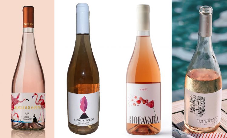 Da sinistra, Alguasanta Cannonau di Podere Guardia Grande, Etna Rosato di Tenuta Bosco, Rosato di Riofavara e Monastrell Rosado di Torralbenc
