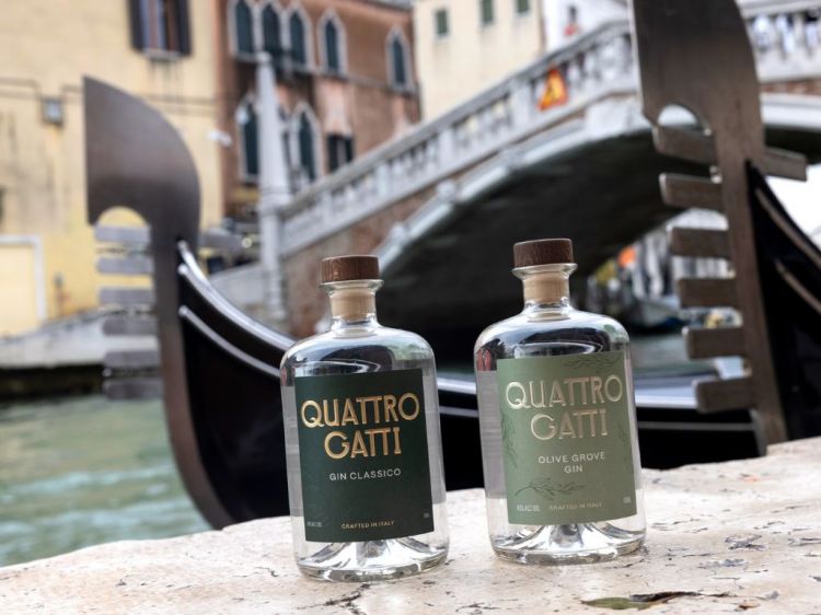 Le bottiglie di Gin Classico e di Olive Grove Gin di Quattro Gatti
