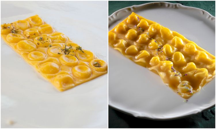 Da sei a otto: sulla sinistra, il Raviolo di ravioli in sei stagionature di parmigiano reggiano, con sei ravioli per fila, con ripieni di altrettante stagionature di parmigiano. A destra, l'evoluzione 2026, Raviolo di ravioli in otto ripieni, con due ravioli in più