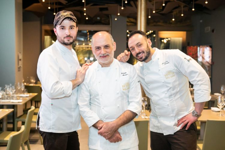Assenza con Gabriele Tangari e Alessandro Rinaldi, rispettivamente pastry chef e chef di Identità Golose Milano
