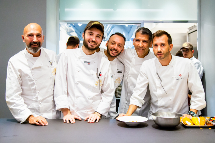 Andrea Ribaldone, il pastry chef Gabriele Tangari, Alessandro Rinaldi, Paco Roncero, Javier Alonso
