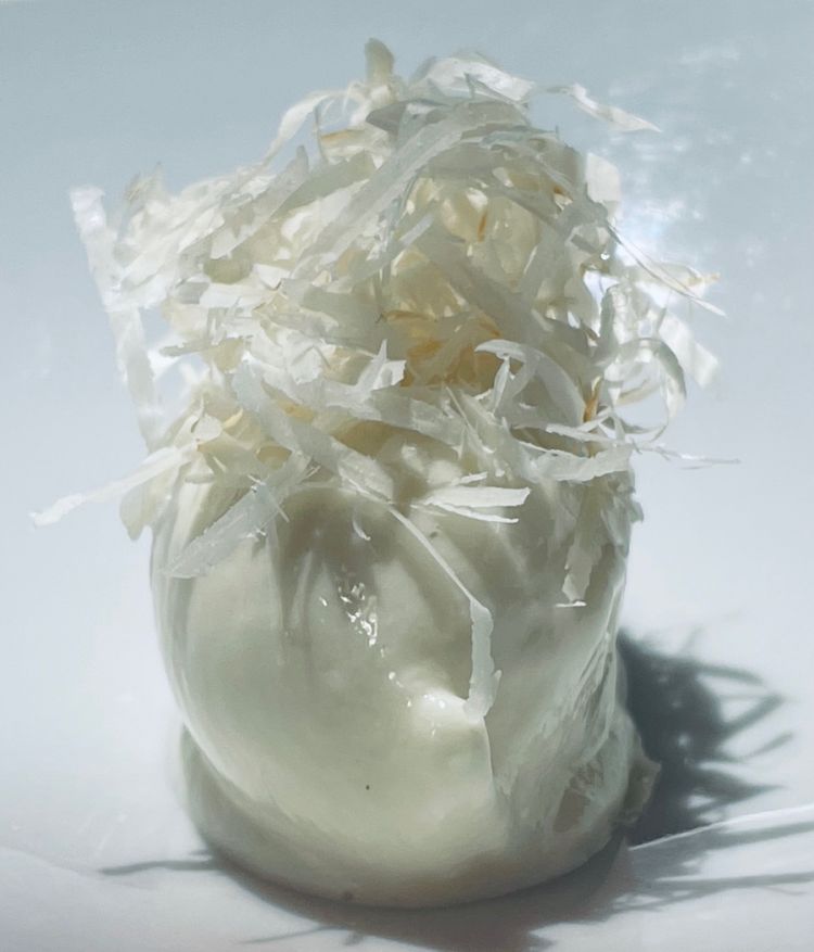 Gelato di Pasta Stracotta, croste di parmigiano, whiskey torbato e rafano
