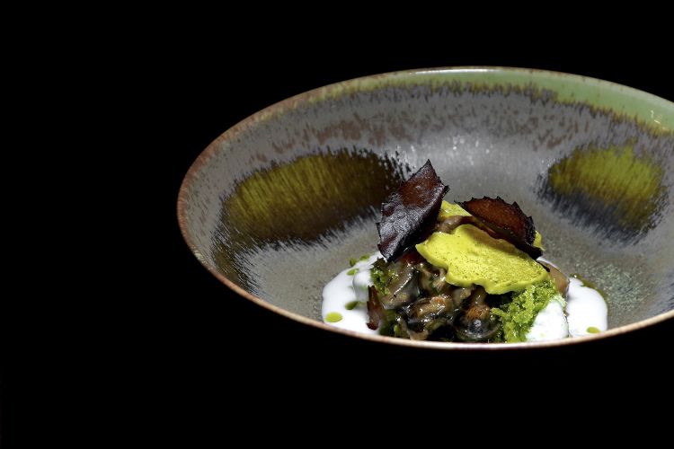 "Vignaiole" snails cooked in a pot with herbs, spicy avocado flakes, mangetout and coconut sauce, fake leaf of burnt onion
