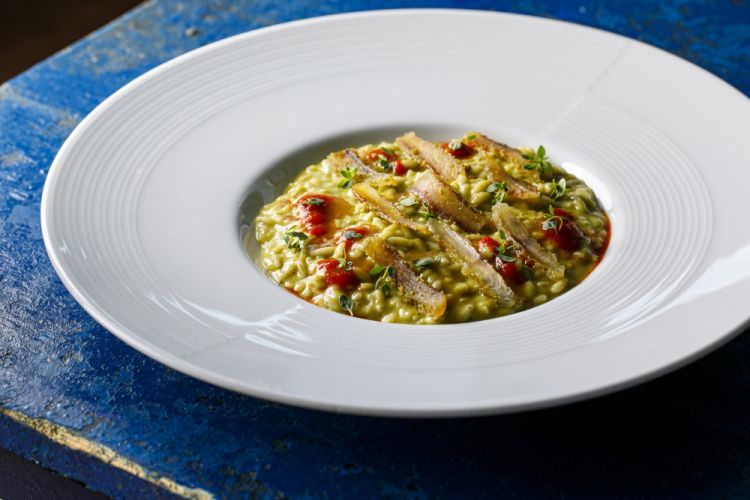 Risotto mantecato con crema di broccolo siciliano, lime kosho e prosciutto d’ombrina