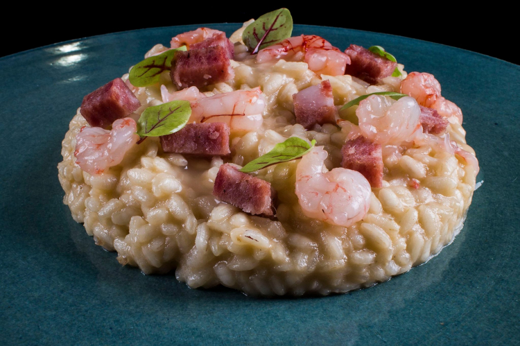 Risotto gamberi, mortadella di Prato e riduzione a