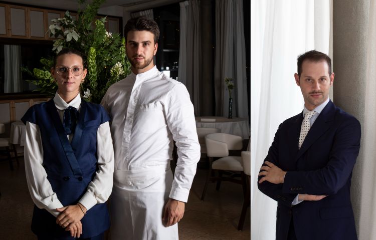 Da sinistra, Alessia Albertalli, chef de rang, Ferdinando Giovetti, sous-chef e Nicola Manganaro, restaurant manager