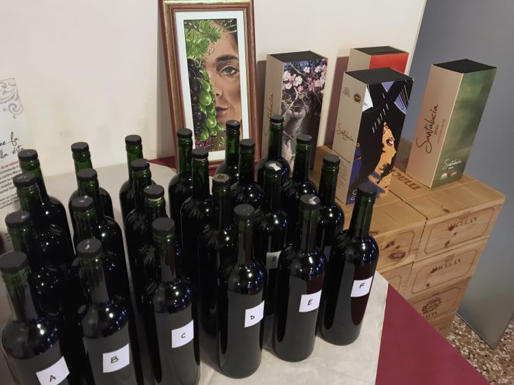 I sei campioni in degustazione e, sullo sfondo, il quadro di Maurizio Trentin che diventerà l'etichetta del nuovo Santalucia 2017