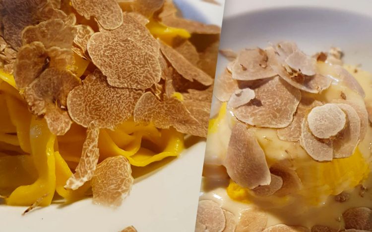 Tagliatelle al tartufo bianco e, a destra, Polenta con fonduta di formaggi e tartufo bainco, proposte dell'agriturismo La Tintoria a Castello di Serravalle in Val Samoggia (Bologna), telefono +39.051.6708743
